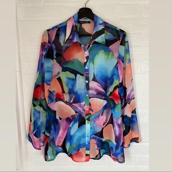Michael Taylor floral print semi sheer blouse. - Picture 3 of 10